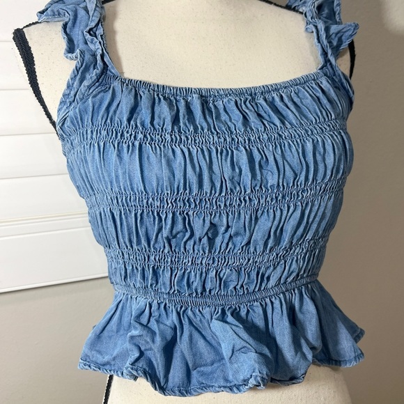 Women’s Smocked Tank Top Size S Ruffle Short Crop Solid Blue Shirt Cottage - Picture 6 of 7